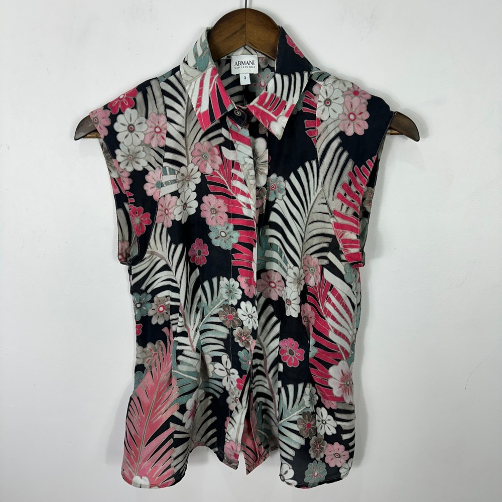 Armani‎ Collezioni Sleeveless Floral Button Up Top Womens 2 Silk Resort Tropical